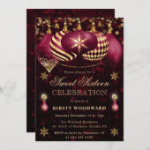 赤と金ゴールドグリッターバウブルSweet sixteen 招待状 (正面/裏面)