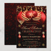 赤と金ゴールドグリッターバウブルSweet sixteen 招待状 (正面/裏面)