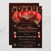 赤と金ゴールドグリッターバウブルSweet sixteen 招待状 (正面/裏面)