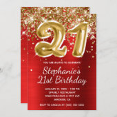 赤と金ゴールドグリッターホイルバルーン21st誕生日 招待状 (正面/裏面)