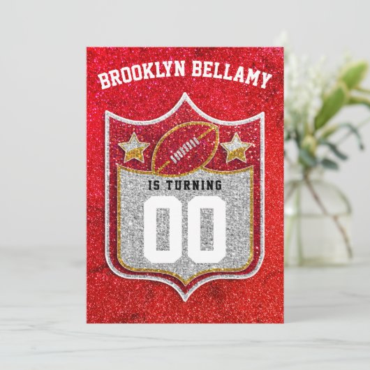 赤と金ゴールドサッカーチームのカラーズクォーターバック 招待状 (スタンド正面)