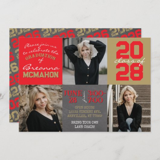 赤と金ゴールドシャルボード3写真卒業 招待状 (正面/裏面)