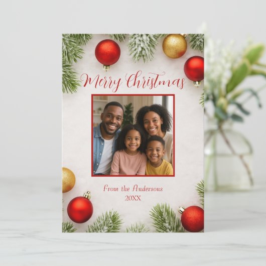 赤と金ゴールドジョイファミリーフォトクリスマス シーズンカード (スタンド正面)