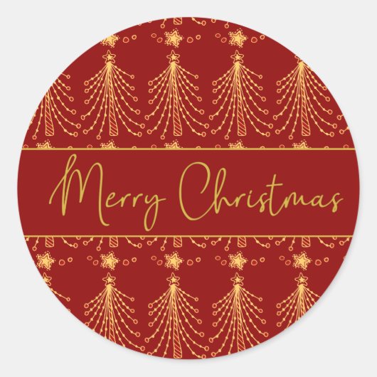 赤と金ゴールドスクリプトクリスマスツリーライトパターンCl ラウンドシール (正面)