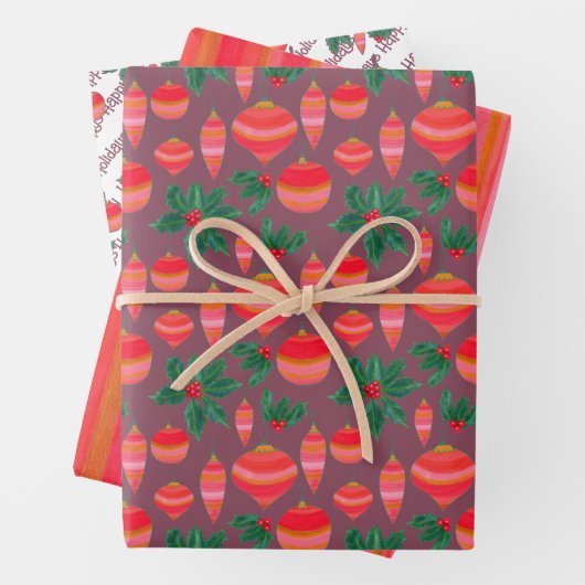 赤と金ゴールドストライプのクリスマスホリデーパターン ラッピングペーパーシート (インサイチュ)