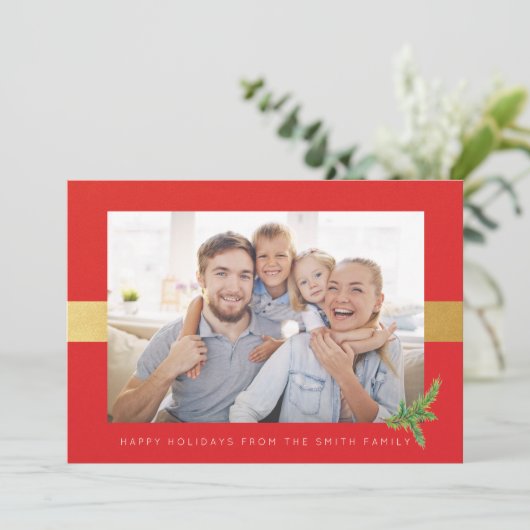 赤と金ゴールドストライプフォトホリデーグリーティング シーズンカード (スタンド正面)