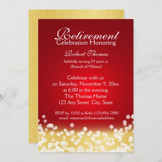 赤と金ゴールドスパークルライト退職パーティー 招待状 (正面/裏面)