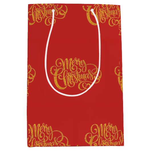 赤と金ゴールドタイポグラフィクリスマスメディア抱き枕 ミディアムペーパーバッグ (正面)