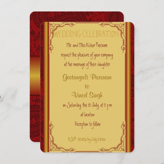 赤と金ゴールドダマスクヒン結婚ドゥー 招待状 (正面/裏面)