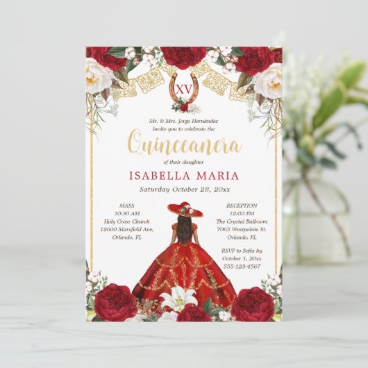 赤と金ゴールドチャラとフォトメキシコのキンセアニラ 招待状 (スタンド正面)