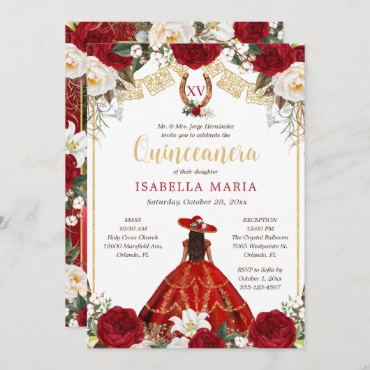 赤と金ゴールドチャラとフォトメキシコのキンセアニラ 招待状 (正面/裏面)