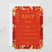 赤と金ゴールドドラゴン結婚のチケットRSVPカード (正面)