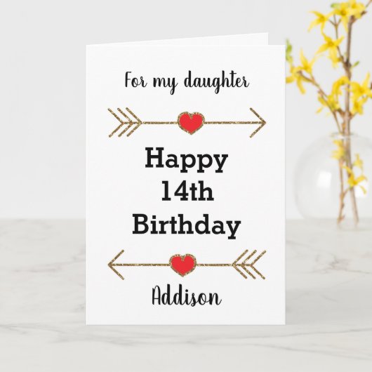 赤と金ゴールドハート娘14誕生日 カード (黄色い花)