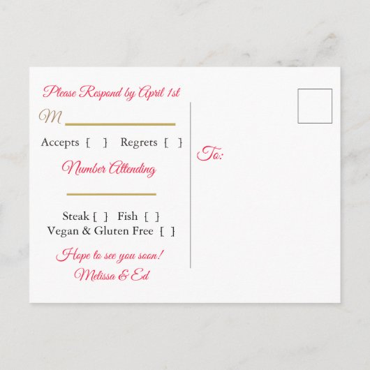 赤と金ゴールドバブル結婚式RSVPはがき インビテーションポストカード (裏面)