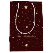 赤と金ゴールドパーソナライズされたの星空の夜のクリスマス ミディアムペーパーバッグ (正面)