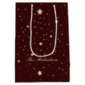 赤と金ゴールドパーソナライズされたの星空の夜のクリスマス ミディアムペーパーバッグ (裏面)