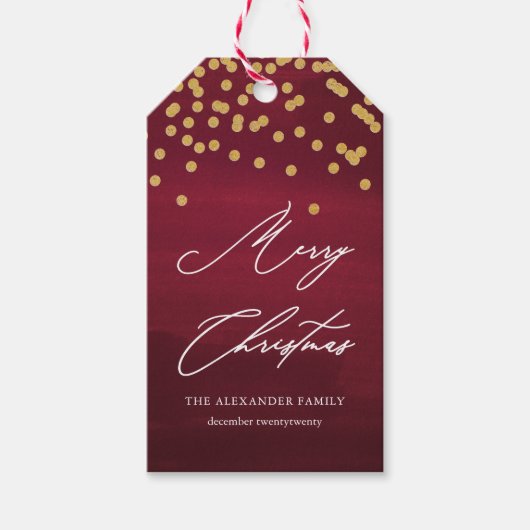 赤と金ゴールドフェイクメリークリスマススクリプトギフトラベル ギフトタグ (正面)