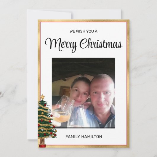 赤と金ゴールドフレームクリスマスフォトフラット シーズンカード (正面)