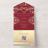 赤と金ゴールドフローラモノグラム結婚ズ オールインワン招待状 (内側)