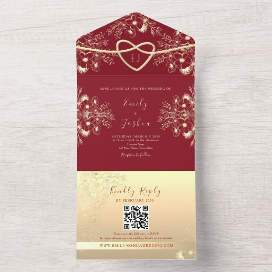 赤と金ゴールドフローラモノグラム結婚ズ オールインワン招待状 (内側)