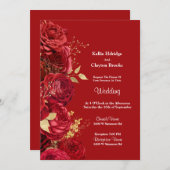 赤と金ゴールドフローラ結婚式招待状 招待状 (正面/裏面)