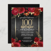 赤と金ゴールドフローラ100番目の誕生日招待状 (正面/裏面)