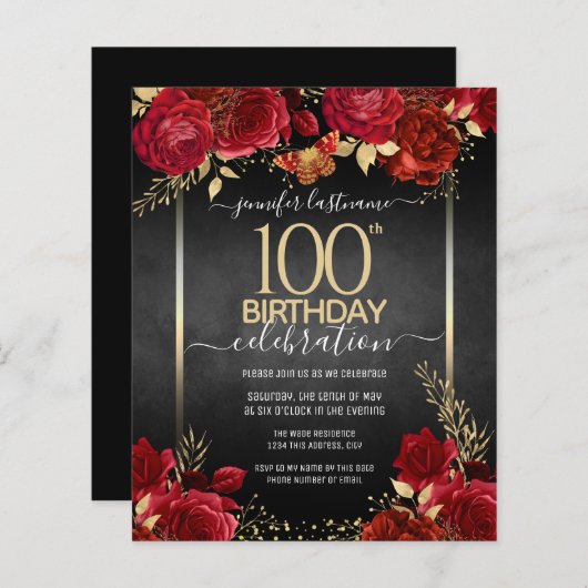 赤と金ゴールドフローラ100番目の誕生日招待状 (正面/裏面)