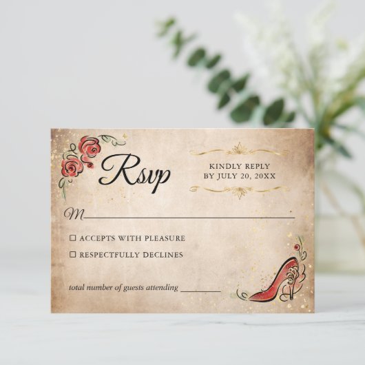 赤と金ゴールドプリンセスエレガントな結婚式 出欠カード (スタンド正面)