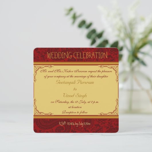 赤と金ゴールドペイズリーヒンズー結婚の 招待状 (スタンド正面)