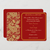赤と金ゴールドペイズリーヒンズー結婚ズ 招待状 (正面/裏面)