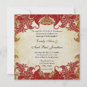 赤と金ゴールドペイズリーピーコックルネッサンス結婚ズ 招待状 (正面)