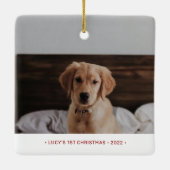 赤と金ゴールドペットパピー初めてのクリスマス写真 セラミックオーナメント (裏面)