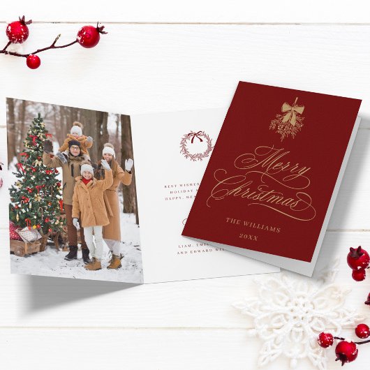 赤と金ゴールドホリーベリーブーケのクリスマスフォト シーズンカード
