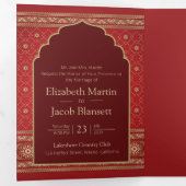 赤と金ゴールドボリウッドスタイルインディアン結婚ズ 三つ折り招待状 (内部最初)