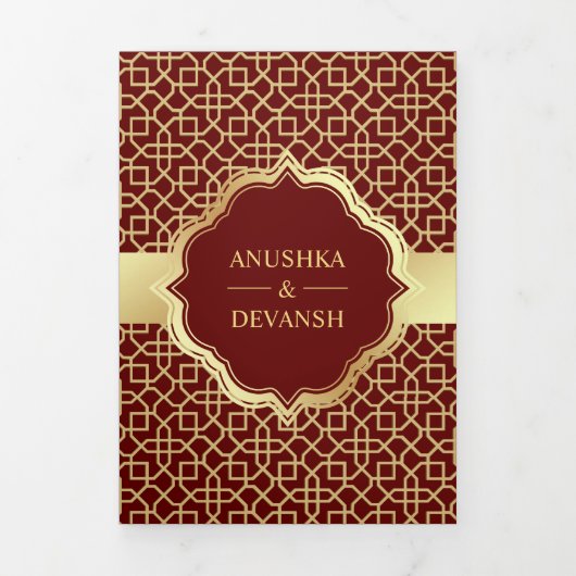 赤と金ゴールドボリウッドスタイルインディアン結婚ズ 三つ折り招待状 (カバー)