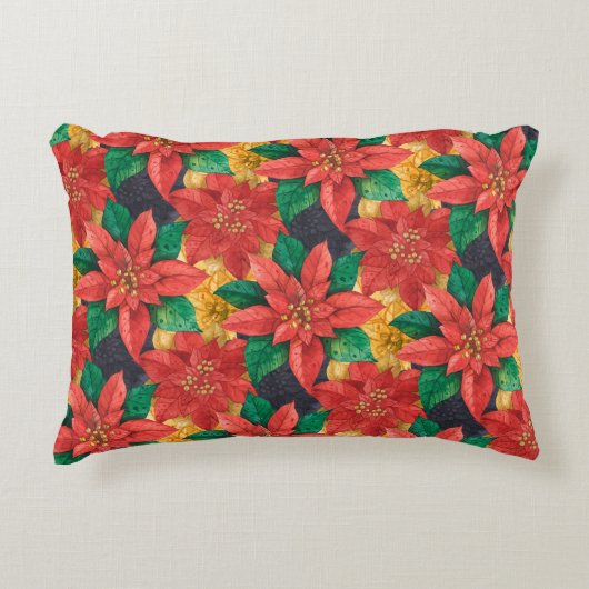 赤と金ゴールドポインセティアスクリスマスホリデー アクセントクッション (正面)