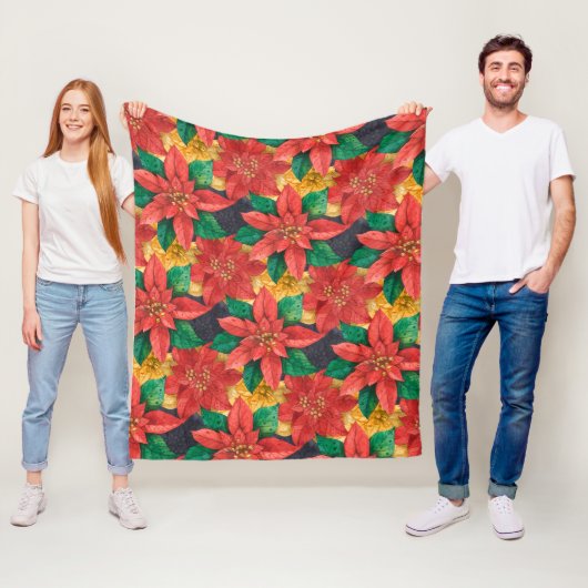 赤と金ゴールドポインセティアスクリスマス フリースブランケット (インサイチュ)