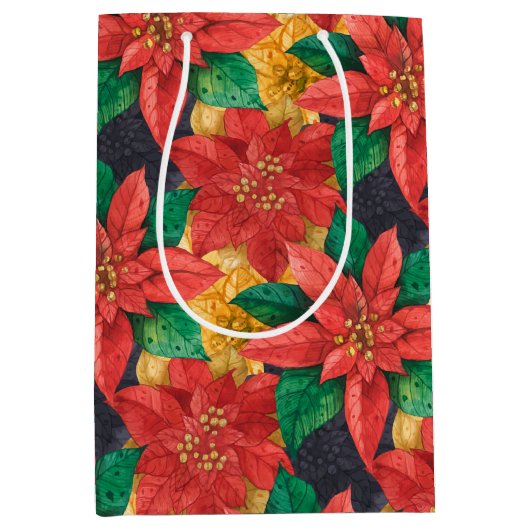 赤と金ゴールドポインセティアスクリスマス ミディアムペーパーバッグ (正面)
