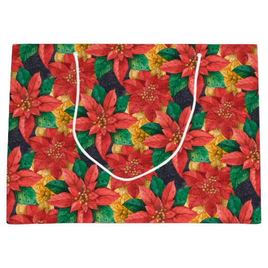 赤と金ゴールドポインセティアスクリスマス ラージペーパーバッグ (正面)