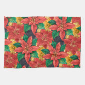 赤と金ゴールドポインセティアスホリデークリスマス キッチンタオル (横)