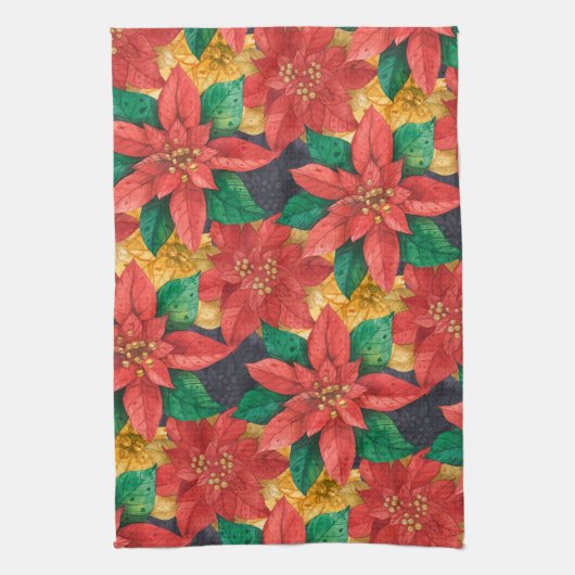 赤と金ゴールドポインセティアスホリデークリスマス キッチンタオル (縦)
