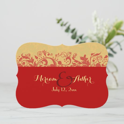 赤と金ゴールドムス結婚リムまたは婚約 招待状 (スタンド正面)