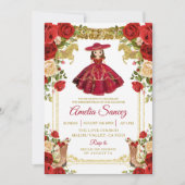 赤と金ゴールドメキシカンガールトレアオñス誕生日 招待状 (正面)
