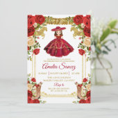 赤と金ゴールドメキシカンガールトレアオñス誕生日 招待状 (スタンド正面)