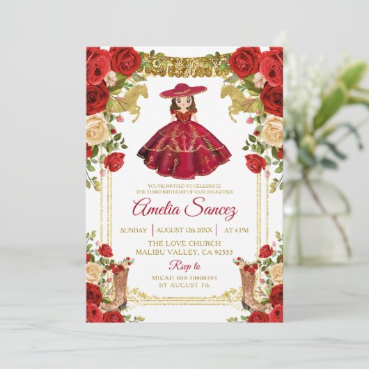 赤と金ゴールドメキシカンガールトレアオñス誕生日 招待状 (スタンド正面)