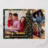赤と金ゴールドメリークリスマス家族3写真 箔シーズンカード (正面)