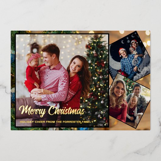 赤と金ゴールドメリークリスマス家族3写真 箔シーズンカード (正面)