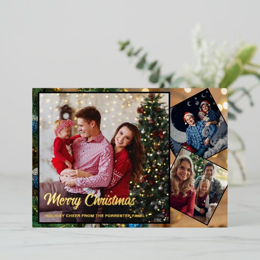 赤と金ゴールドメリークリスマス家族3写真 箔シーズンカード (立ち正面)