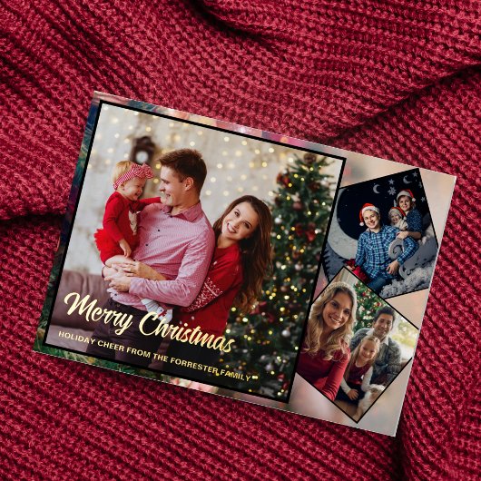 赤と金ゴールドメリークリスマス家族3写真 箔シーズンカード