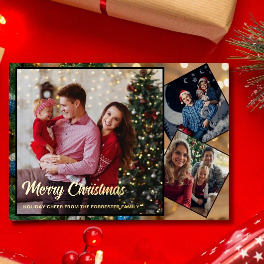 赤と金ゴールドメリークリスマス家族3写真 箔シーズンカード